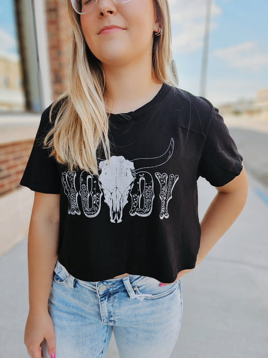 Black Crop Howdy Cow Skull Graphic