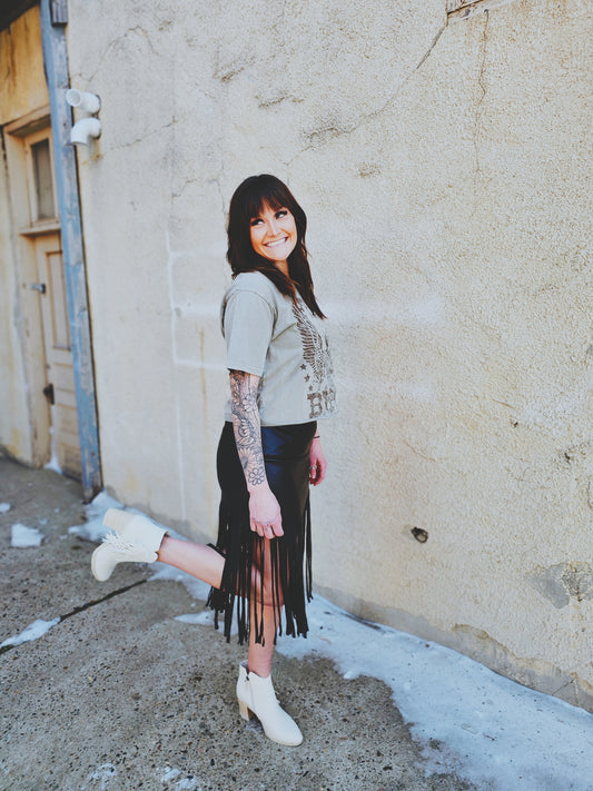 Black Faux Leather Fringe Skirt