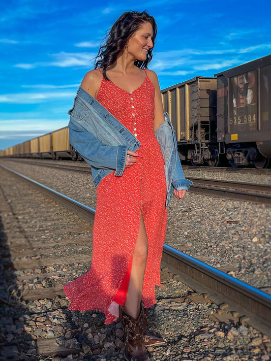 Red Multi Maxi Dress With Buttons & Smocking