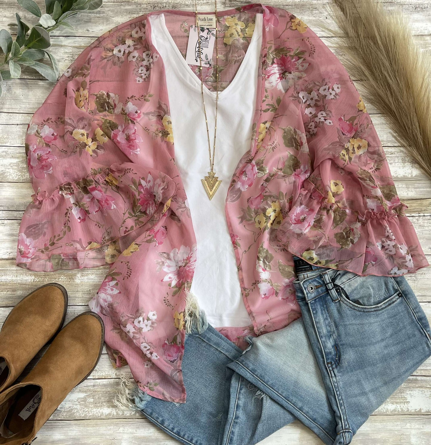 Pink Kimono W/ Ruffle Sleeves