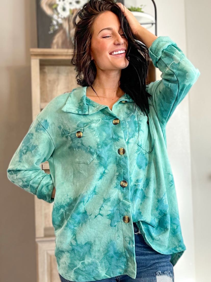 Tie Dye Oversize, Collared, Long Sleeve Turquoise