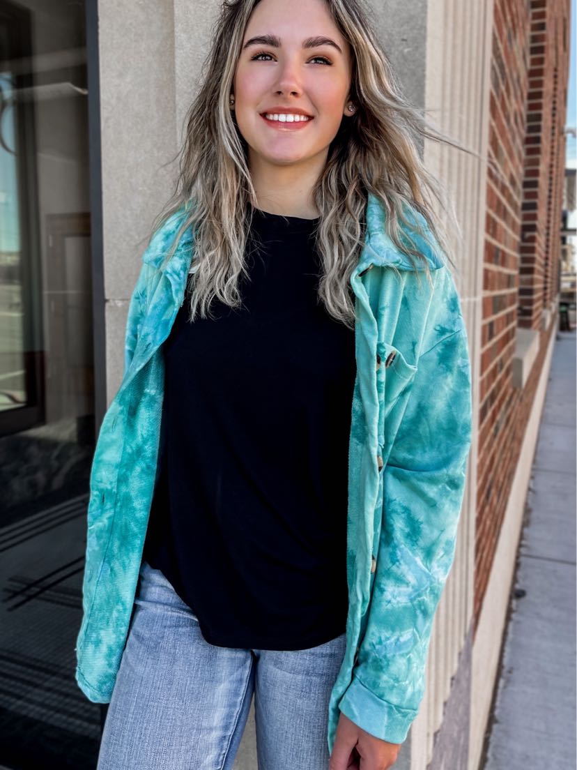 Tie Dye Oversize, Collared, Long Sleeve Turquoise