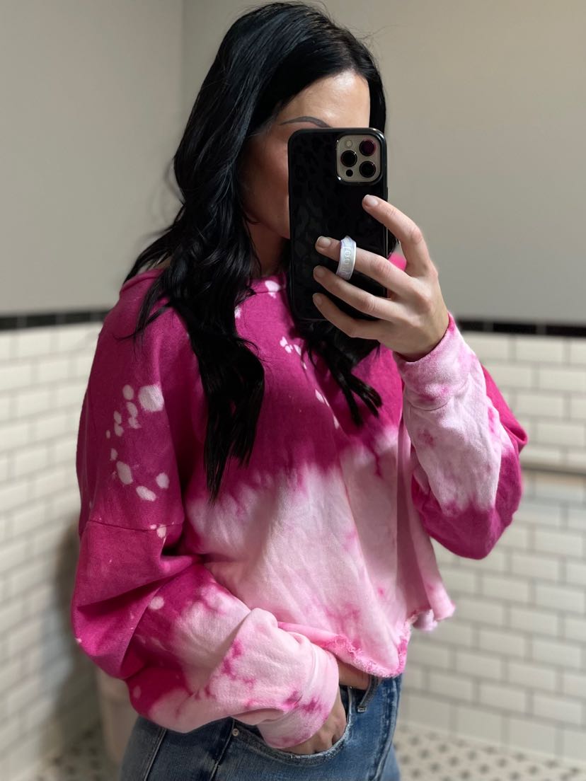 Washed Pink Bleach Dye Long Sleeve Top
